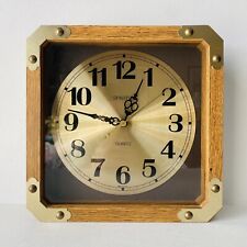 Vtg Mid Century Modern Spartus Wood & Brass Glass Quartz Wall Clock 11” picture