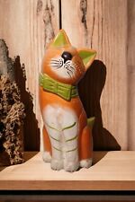 Solid Wood Cat Statue Figurine 12 in Orange Kitsch Decor Bowtie Handpainted READ picture
