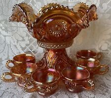 Fashion Marigold Punch Bowl, Stand And 6 Cups Carnival Imperial Glass 1915-1920 picture