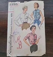 Vtg 50s 60s Simplicity 2195 Blouse Button Up Flannel Shirt Sewing Pattern- B32