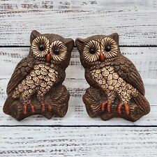 2 Brown Barn Owls Wall Hanging Living Decor Vintage Set Primitive 1970s Pair 7in picture