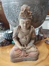 Vintage antique 19th century hand carved, painted serene Buddha sculpture picture