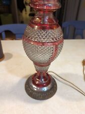 1920s BOHEMIAN CZECH LAMP PINK CRANBERRY CUT TO CLEAR CRYSTAL & RED GLASS FINIAL picture