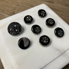 Vintage/antique Fancy Black Glass Plastic Carved Buttons Metallic Accents Set 8 picture