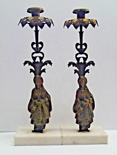 Antique Pair Victorian Brass Figural Candleholder Girandoles with Marble Bases picture