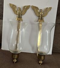 Pair Mid Century Brass American Eagle Wall Sconces Candle Lamps Glass Shades picture