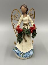 6.5” Medium Skin Toned Angel Figure W/ Gold Colored Wings Holding Holly Resin? picture