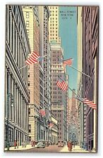 1930-45 Postcard Wall Street New York City Auto's American Flags Keystone Photo picture