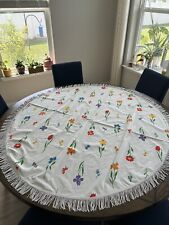 60” Round Tablecloth Vintage Cottage 1970s Round Flowers Fringe Granny Core picture