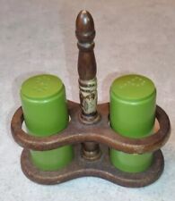 Vintage MCM Avacado Green Salt And Pepper Shakers Wooden Stand Authentic 70’s picture