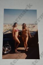 busty brunette woman in bikini with sports car Vintage photograph Bb picture
