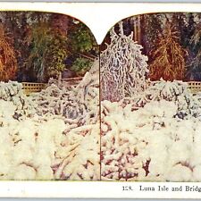 c1900s Niagara Falls, NY Luna Isle Bridge Winter Snow Ice Stereoview Photo V36 picture