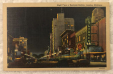 Linen Postcard Night View Business Section Street Scene Lansing, Michigan, 1953 picture