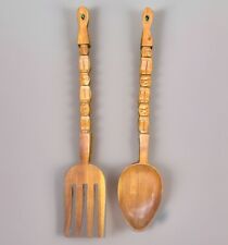 Vintage Large Carved Wooden Fork & Spoon Wall Decor 27” Wood Tiki Totem picture