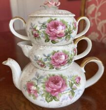Vintage Lefton Stacking Teapot Set Pink Roses Sugar Bowl Creamer Gold Trim picture