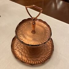 Circa 1960 Gregorian Copper Lotus Flower Motif Hand Hammered 2-Tier Tray picture