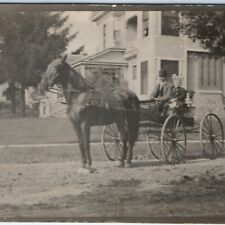 c1900s Father Daughter Horse Carriage RPPC Victorian House Real Photo Dirt A135 picture