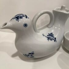 Pier One Imports Bird Shaped Blue Floral Design Teapot Lid With Four Tea Cups picture