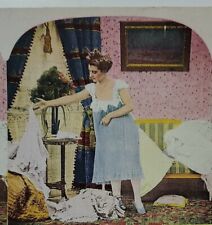 Antique Stereoview Card After the Ball Lady Holding Dress  picture