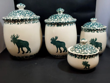 Set of 4 Tienshan Green White FolkCraft Moose Country Canister Set picture