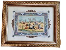 VTG Persian Hunting Scene Camel Bone Painting with Inlaid Marquetry Khatam Frame picture