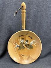 Vtg Large Mid Century Wooden Hanging  Handled Snack Bowl Fighting Roosters Japan picture