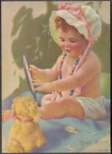 Mabel Rollins illustrated calendar print baby, bonnet, mirror, dog 1950s picture