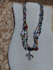 #G61 New Orleans Mardi Gras Glass Carnival Beads w/ a silver Fleur de Lis charm picture