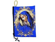 Blue Gold Catholic Icon Saint Mary of Sorrows Rosary Tapestry Pouch Case 5 3/... picture