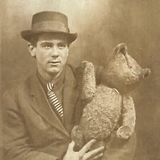 Antique RPPC Real Postcard Handsome Young Man With Large Jointed Steiff Bear picture