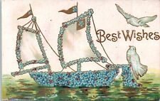 VTG Best Wishes Postcard Birds Sailboat Posted 1909 Divided Back Embossed picture