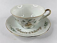 Lefton Happy Anniversary Tea Cup & Saucer Floral Wedding Bells picture