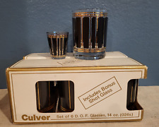 Vtg MCM 6 Culver Black/Gold Double Old Fashioned Glasses + Shot Glass New in Box picture