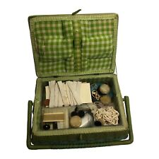 Vintage Seeing Box With Sewing Items Green With Handle picture