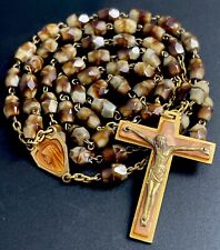 Vintage Catholic Tigers Eye Geometric Stone Rosary, Enamel Ctr, Crucifix, France picture