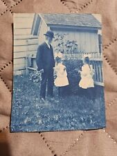 Antique Cyanotype Blue Tinted Photo Little Girls With Grandpa Bows Dress picture