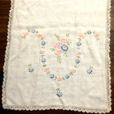 Vintage White with Floral Embroidery Linen Dresser Scarf Table Runner  12