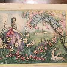 VTG 1933 Easter Greeting Card Southern Belle in flowers ribbon picture