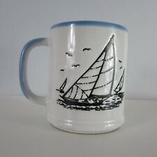 Vintage Nautical Sailboat Mug Ivory Blue Glazed Ceramic Made in Japan Boat Ocean picture