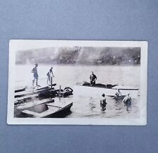 Vintage Photograph Wooden Boat River Lake Men Women Swimming 1940s B&W Snapshot  picture