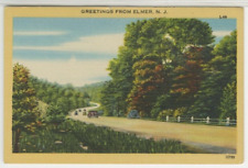 NJ Postcard Greetings From Elmer, NJ View Of Street & Cars c1940s vtg Linen B22 picture