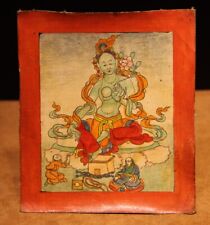 Rare Tibet 1800s Old Antique Buddhist Gilded Tsakli Tsaklis Thangka Green Tara picture