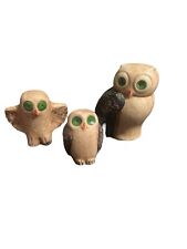 Ceramic Owl Family 3 Pc Made In Portugal Green Eyes Mid Century Vintage picture