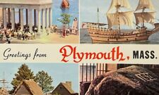 Greetings from Plymouth Massachusetts Mayflower Rock Postcard Used 1960s picture
