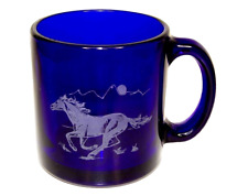 Libbey Cobalt Blue Glass Mustang Stallion Horse Running Coffee Mug Cup USA picture