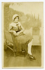 Antique RPPC Post Card Photo Woman Fashion Posing Chair Long Dress picture