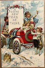 New Year Children with Champagne in Old Car Antique Postcard c1910 picture
