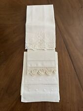 3 LOVELY UNIQUE VINTAGE LINEN TEA TOWELS WITH HAND CROCHETED  EDGES & NEEDLEWORK picture