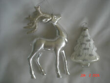 LOT 2 Vtg. MCM PLASTIC ORNAMENTS 1 SILVER DEER w/ GOLD GLITTER ANTLERS & 1 TREE picture
