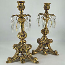 Vintage Pair Hollywood Regency Style Ornate Gold Cast Metal Candlestick Holders picture